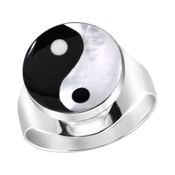Spiritual Balance Yin and Yang Symbol Black Onyx Shell Sterling Silver Ring for Female Anniversary Size-9