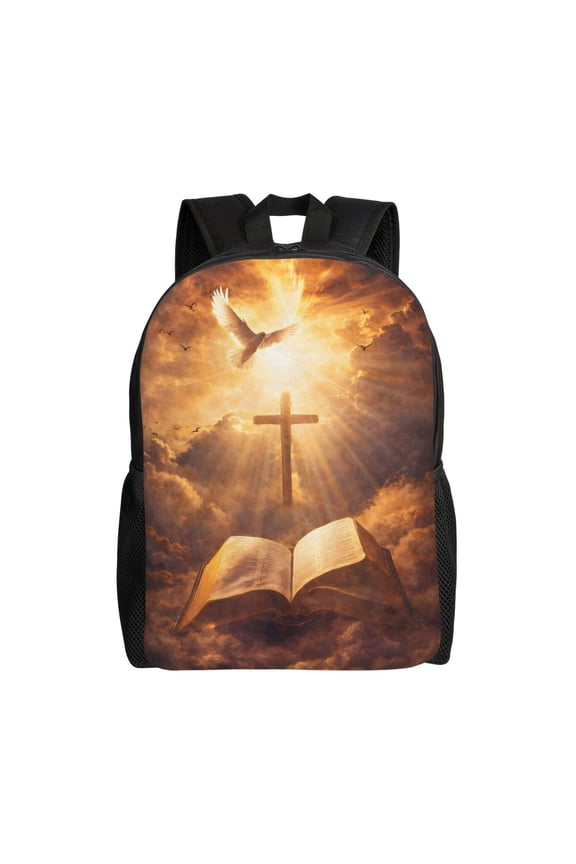 Spiritual Cross Dove And Bible Backpack Full Front Print Travel Laptop Bag for Men and Women
