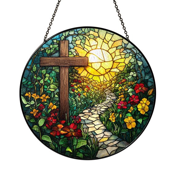 Spiritual Cross Stained Glass Window Suncatcher, Round Sunset Floral Panel for Peaceful Home Decoration