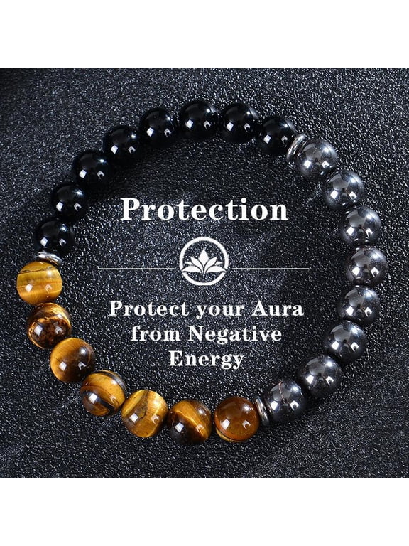 Spiritual Energy Healing Bracelet Tiger Eye, Hematite & Obsidian Beads Aura Protection Unisex Gift Box