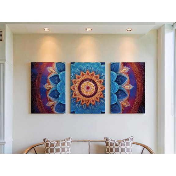 Spiritual Flower Meditative Cosmic Mandala Triptych Radiant Energy Ethereal Space Gallery Set Zen Inspired Wall Art Poster, , Poster Only