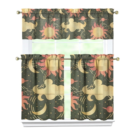 Spiritual Gothic Kitchen Curtains Set Celestial Sun Moon Astrology Print Starry Night Cosmic Aesthetic Mystical Star Golden Witchy Tier and Valance Rod Pocket Curtains for Kitchen or Nursery