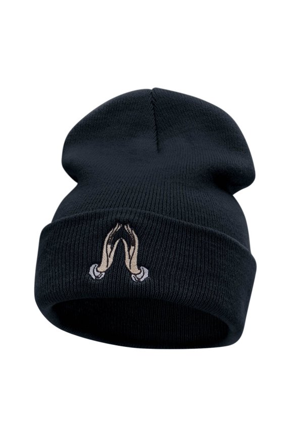 Spiritual Hands Embroidered Long Knitted Beanie - Navy OSFM