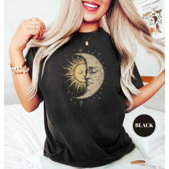 Spiritual Hippie Women's Graphic Tee, Mystical Sun Moon Yin Yang T-Shirt, Boho Vintage Tops,Crew neck,Classic,cotton,black,S-5XL