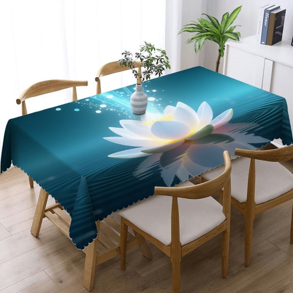 Spiritual Meditation Yoga Magic White Lotus Flower Rectangular Tablecloth, Polyester Tablecloths - Printing with lace trim Tablecloths for dining table, Cafe, dinner, picnic