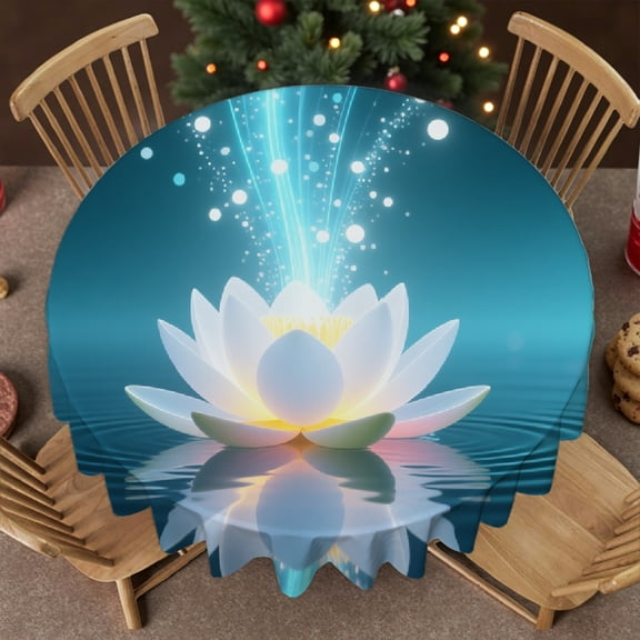 Spiritual Meditation Yoga Magic White Lotus Flower Tablecloth for dining table round, Holiday-Themed Design - Festive Table Setting tablecloth round, Cafe, dinner, brunch, buffet, picnic, 60x60 Inch
