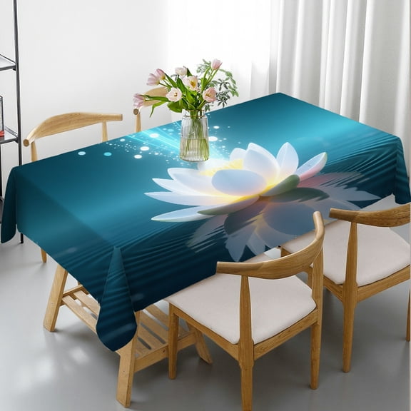 Spiritual Meditation Yoga Magic White Lotus Flower Tablecloths for dining table, Machine-Made - Holiday-Themed Design Rectangular Tablecloth, Cafe, dinner,picnic, wedding, party