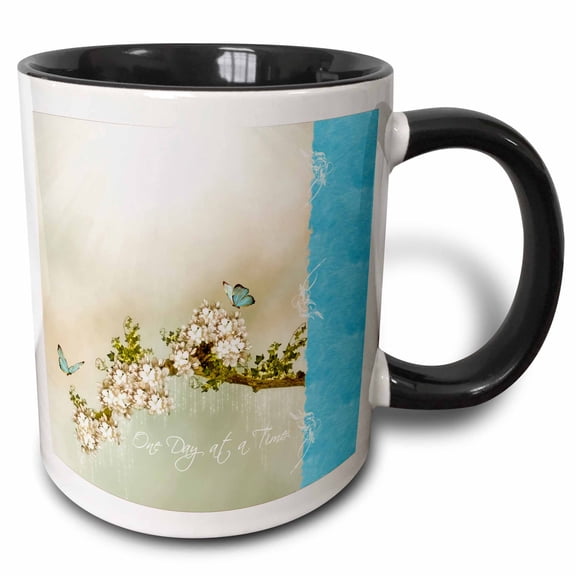 3drose, Spiritual One Day at a Time Turquoise Butterflies, 11oz Two-tone Black Mug