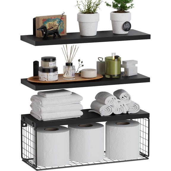 Spiritual Realm 3-Tier Floating Bathroom Shelves Over Toilet | Rustic Wood Wall Shelves with Wire Basket | Space-Saving Storage for Bathroom/Bedroom (16.5" Farmhouse Style)
