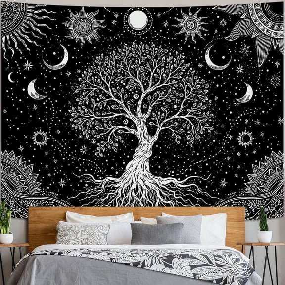 Spiritual Tree of Life Tapestry, Black and White Tapestries for Bedroom, Gothic Wall Decor, Celestial Tapestries ()