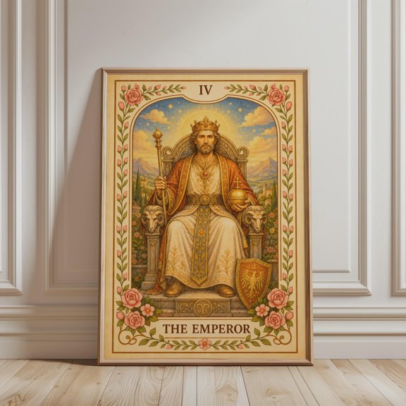 Spiritual Wall Art - 4 The Emperor Tarot Card Print, Floral Bohemian Major Arcana Art, Mystic Botanical Vintage Poster, Celestial, Poster Only