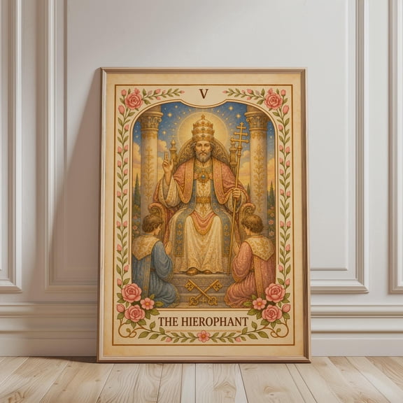 Spiritual Wall Art - 5 The Hierophant Tarot Card Print, Bohemian Major Arcana Art, Mystic Botanical Vintage Poster, Celestial, Poster Only