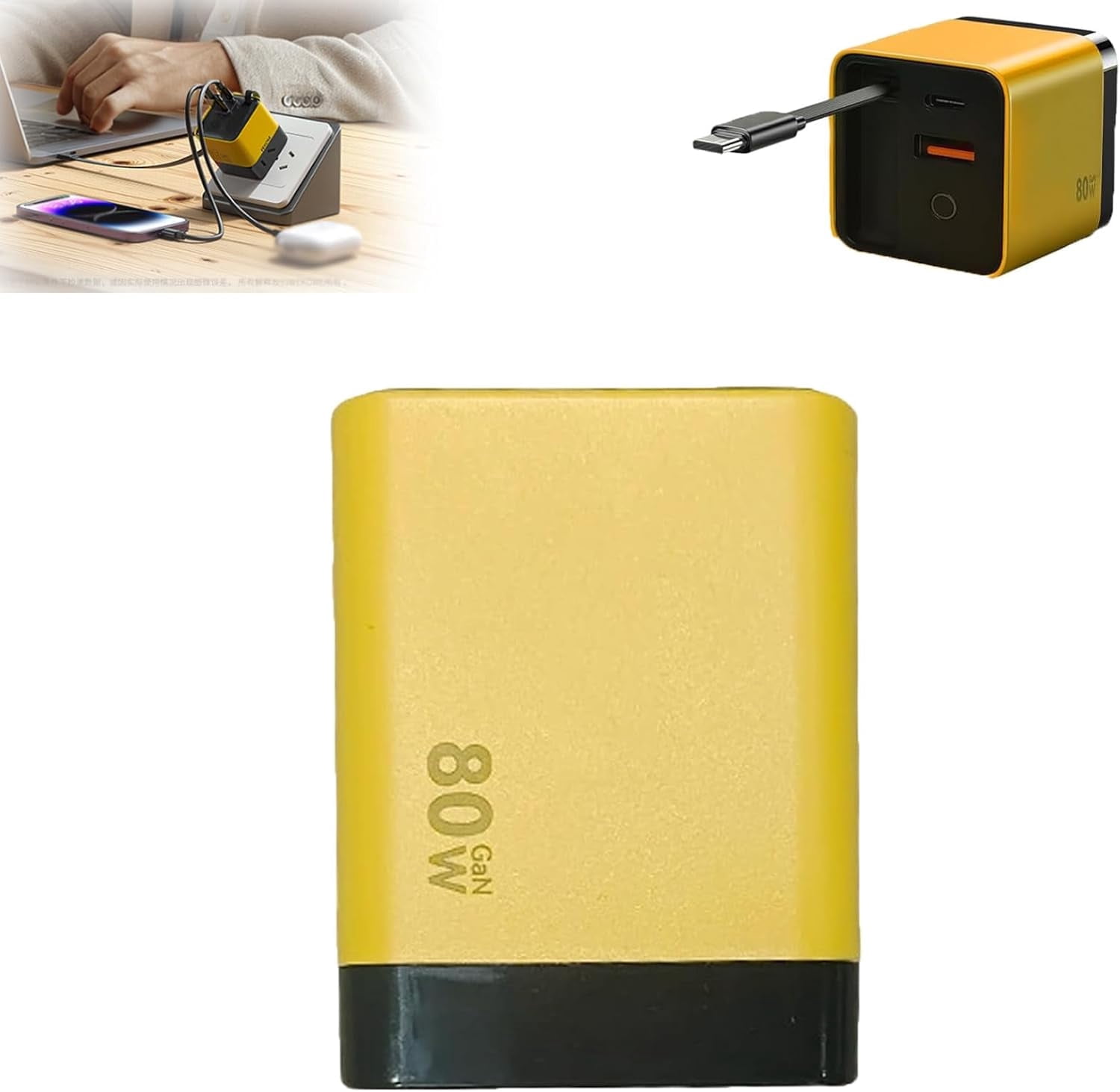 3 in 1 Charger, Scalable 80w Max Fast Charger Module with Type-C Cable and 2 USB Ports, Tobre 3 in 1 Charger 80 Watt (Yellow)