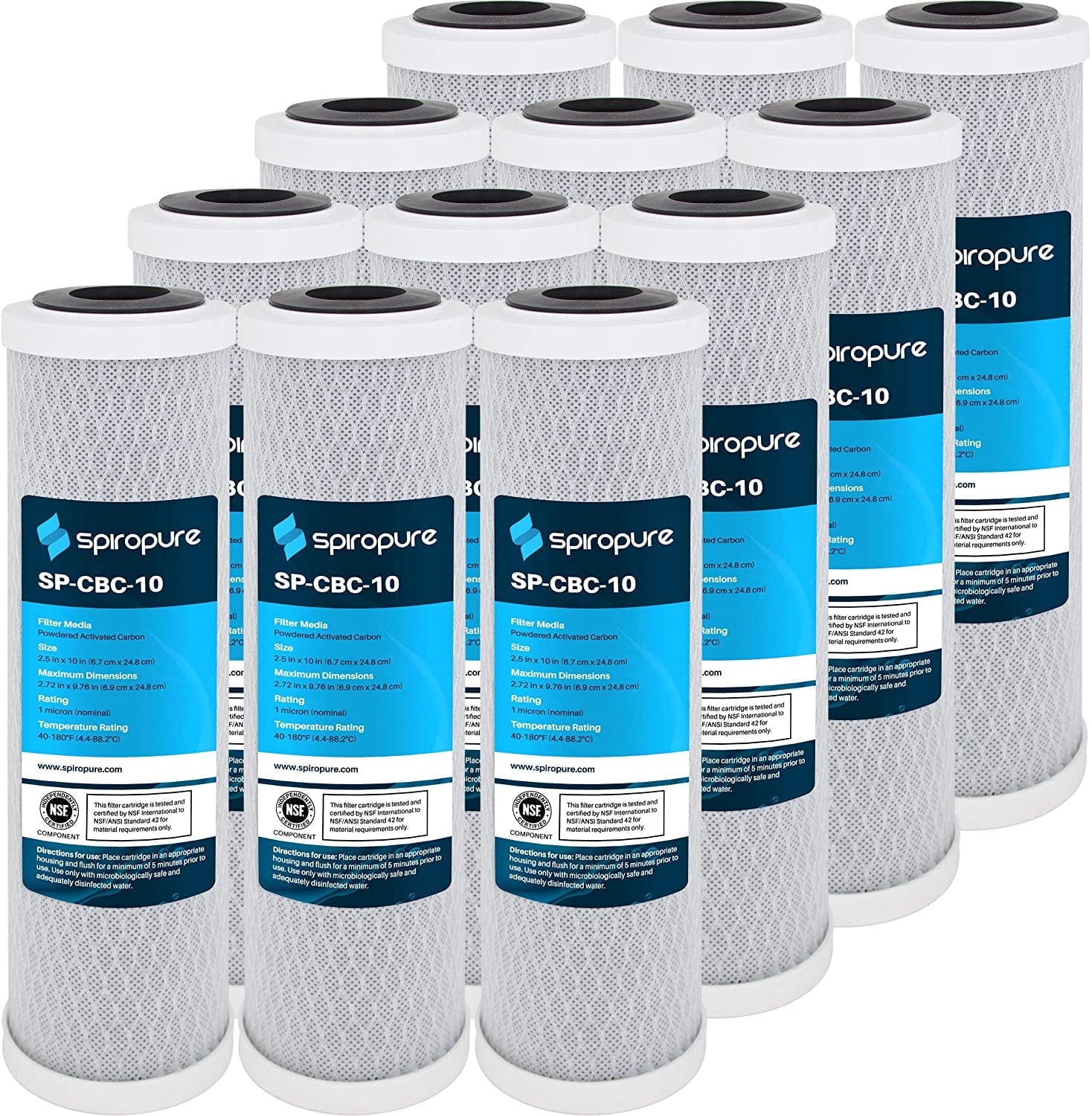 SpiroPure SP-CBC-10 10x2.5 1 Micron NSF Certified Coconut Shell Carbon Block Water Filter Cartridge CB1-10 255382-43 CB-25-1001 (Case of 12)