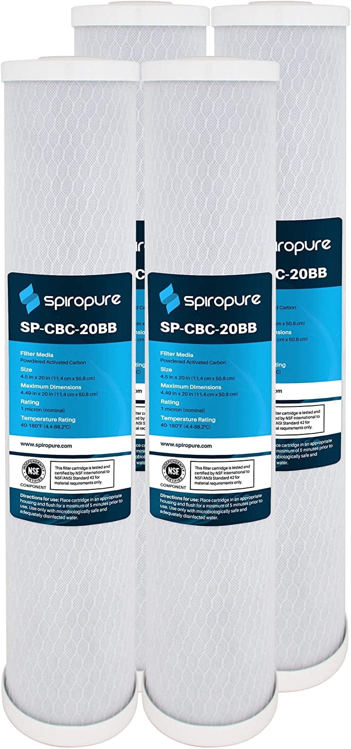 SpiroPure SP-CBC-20BB 20x4.5 1 Micron NSF Certified Coconut Shell Carbon Block Water Filter Cartridge CB-45-2001 (Case of 4)