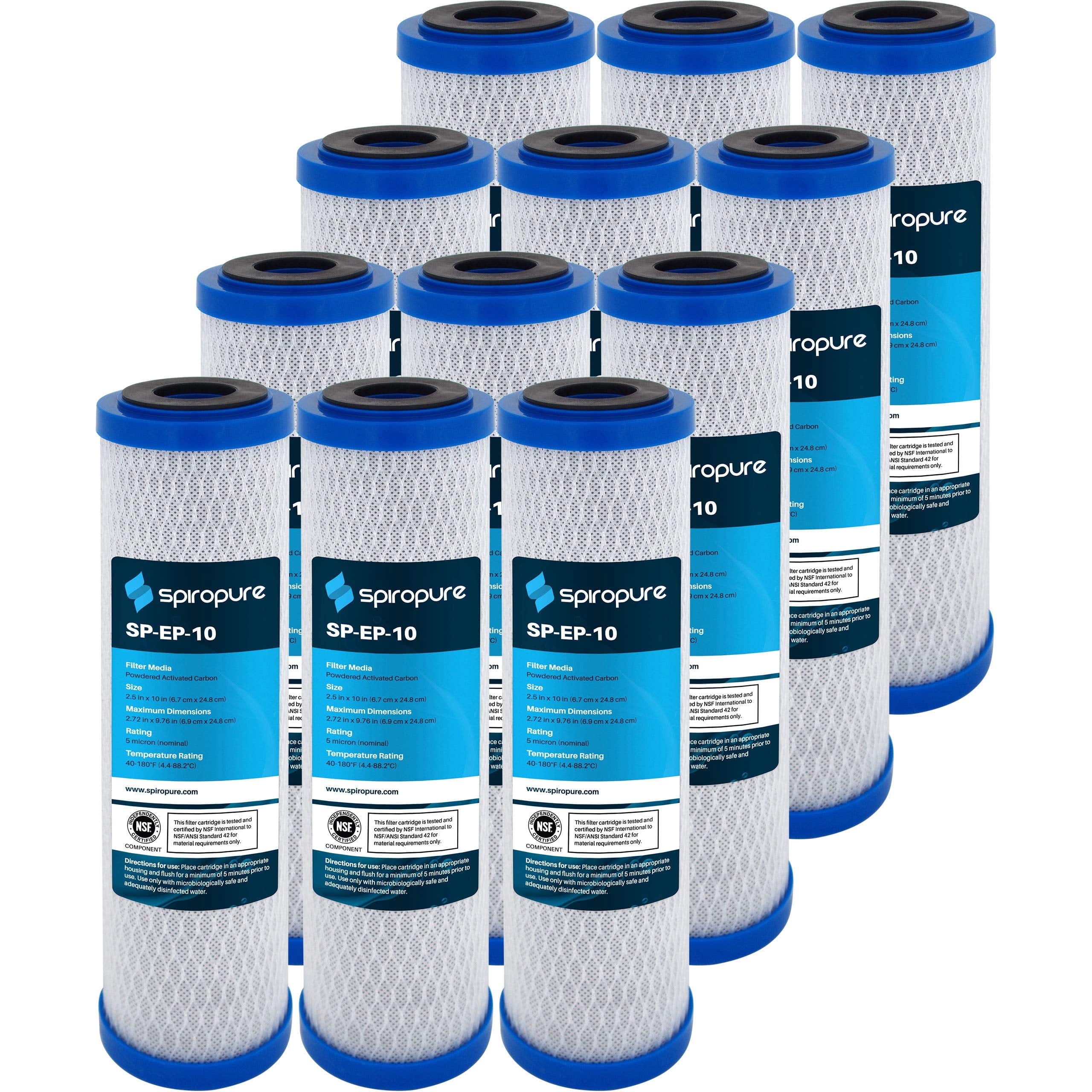SpiroPure SP-EP-10 10x2.5 5 Micron NSF Certified Coconut Shell Carbon Block Water Filter Cartridge EP-10 155531-43 CB-25-1005 (Case of 12)
