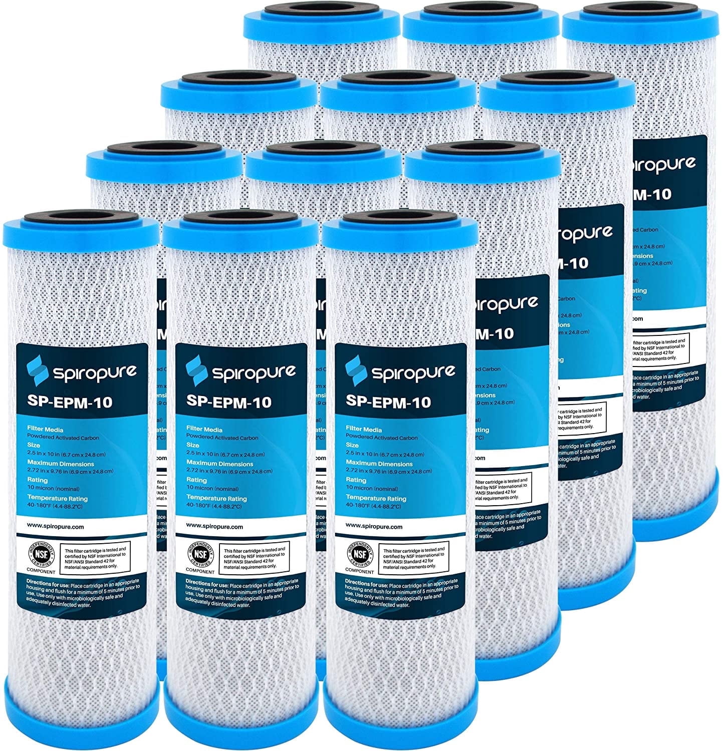 SpiroPure SP-EPM-10 10x2.5 10 Micron NSF Certified Coconut Shell Carbon Block Water Filter Cartridge EPM-10 155634-43 CB-25-1010 (Case of 12)