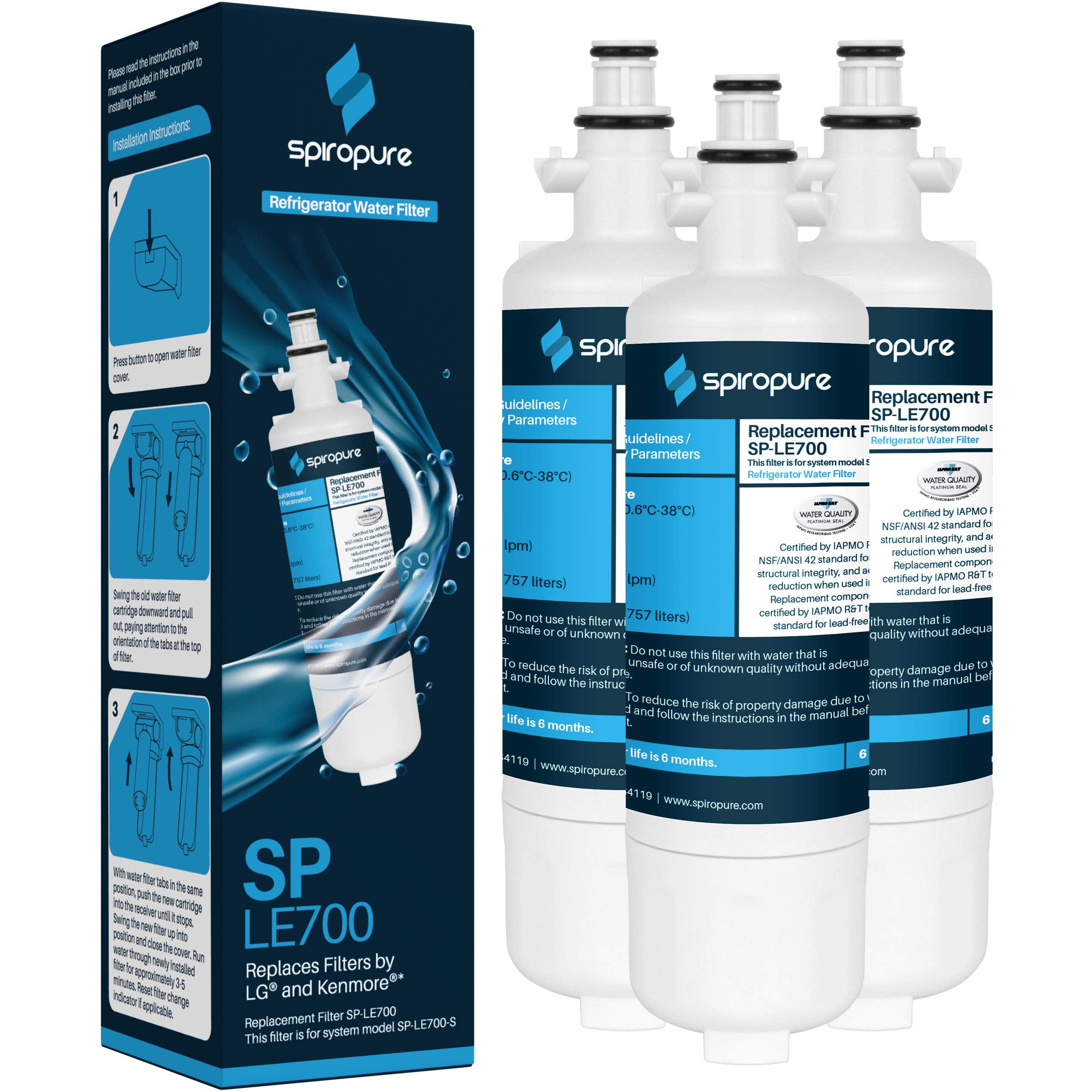 SpiroPure SP-LE700 Refrigerator Water Filter for LG LT700P (3 Count)