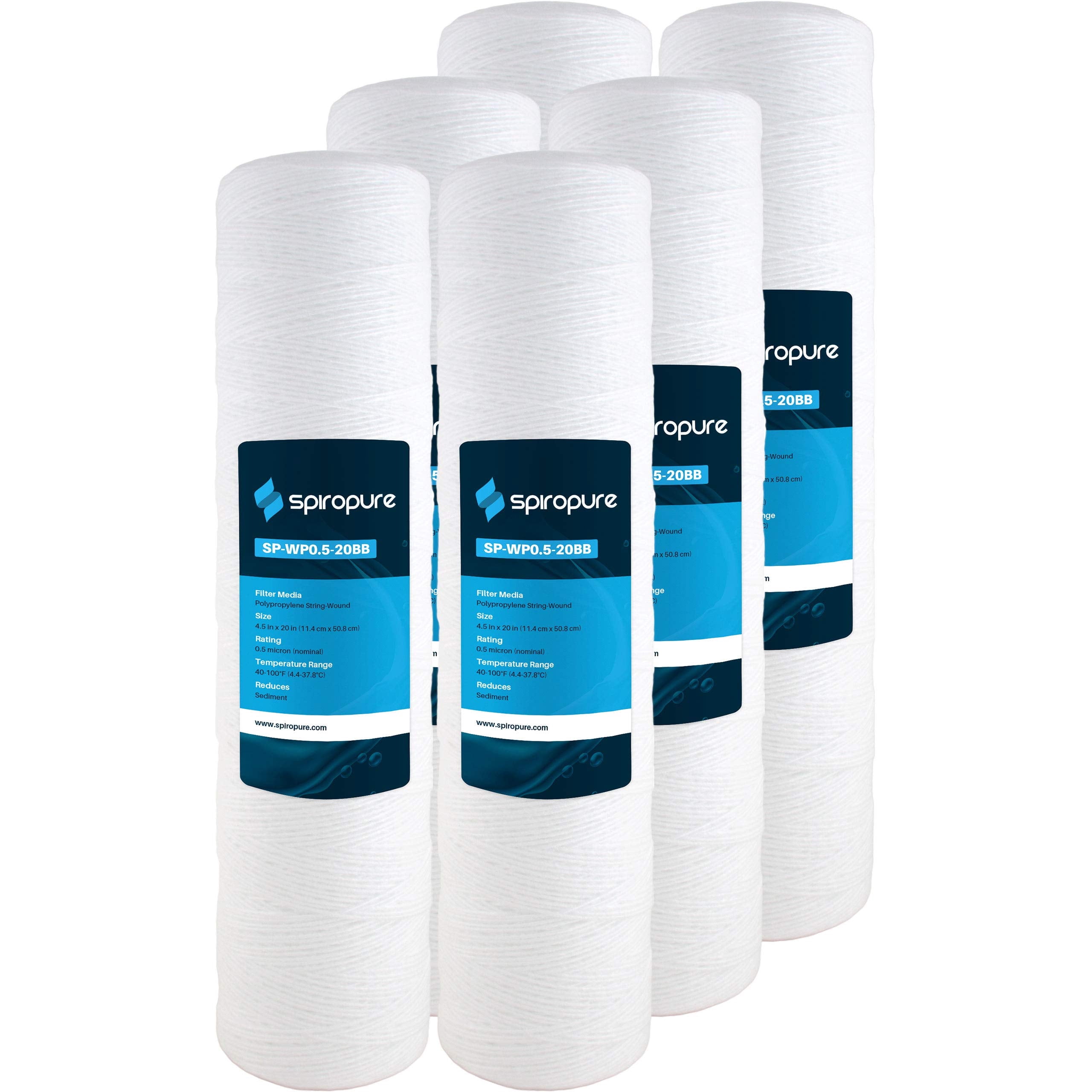 SpiroPure SP-WP0.5-20BB 20x4.5 0.5 Micron String-Wound Polypropylene Water Filter Cartridge SWC-45-20-0.5 (Case of 6)
