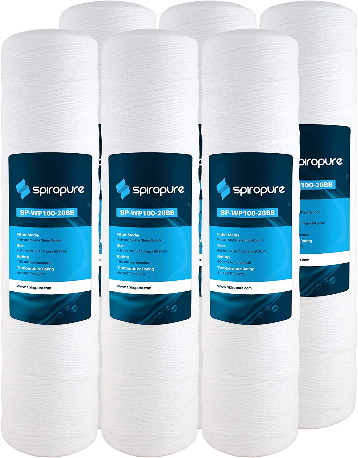 SpiroPure SP-WP100-20BB 20x4.5 100 Micron String-Wound Polypropylene Water Filter Cartridge SWC-45-20100 WPX100BB20P 355226-43 (Case of 6)