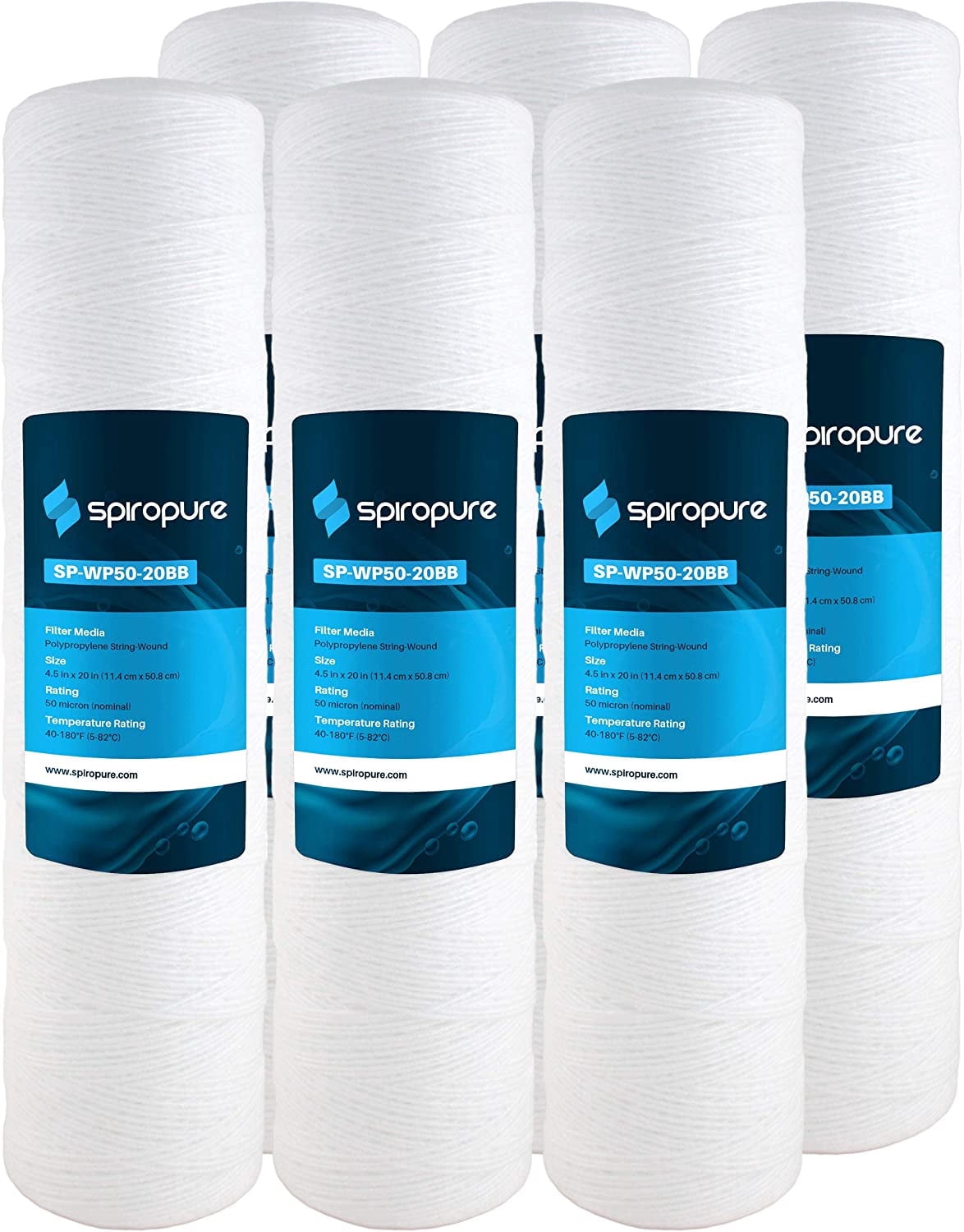 SpiroPure SP-WP50-20BB 20x4.5 50 Micron String-Wound Polypropylene Water Filter Cartridge SWC-45-2050 AP814-2 (Case of 6)