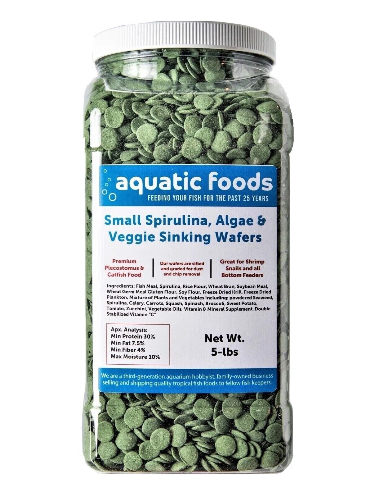 12mm Spirulina, Algae & Veggie 1/2" Small Sinking Wafers for Bottom Fish, Shrimp, Snails, Crabs, Crayfish, All Tropical Fish. AFI Wafers...5-lb Lg Jar