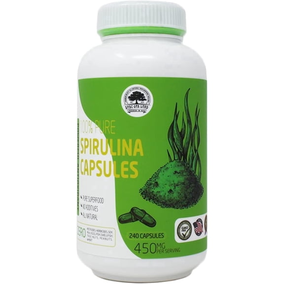 Spirulina Capsules 240 Capsules, Health Food, 100% Vegetarian,Pure Hawaiian Spirulina 450 mg, Supports Immune System, Heart One Bottles