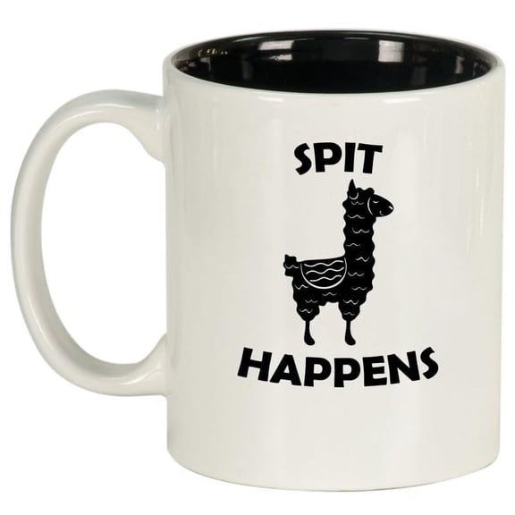 Spit Happens Funny Llama Ceramic Coffee Mug Tea Cup Gift for Her, Him, Friend, Coworker, Wife, Husband (11oz White)