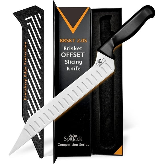 SpitJack Offset Brisket Carving Knife - 12" 7Cr17MoV Stainless Steel with Granton Blade and Sheath, Non-Slip, Grease-Resistant Handle