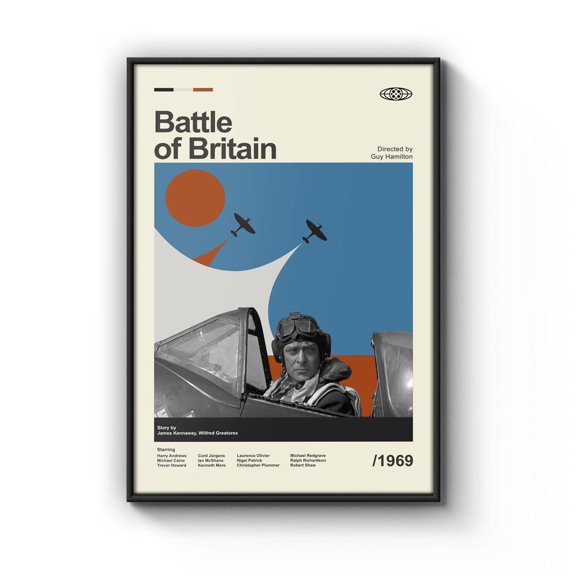 Spitfire Air Battle Over English Channel Minimalist Black and White Mid-Century Modern Wall Art, Unframed Poster