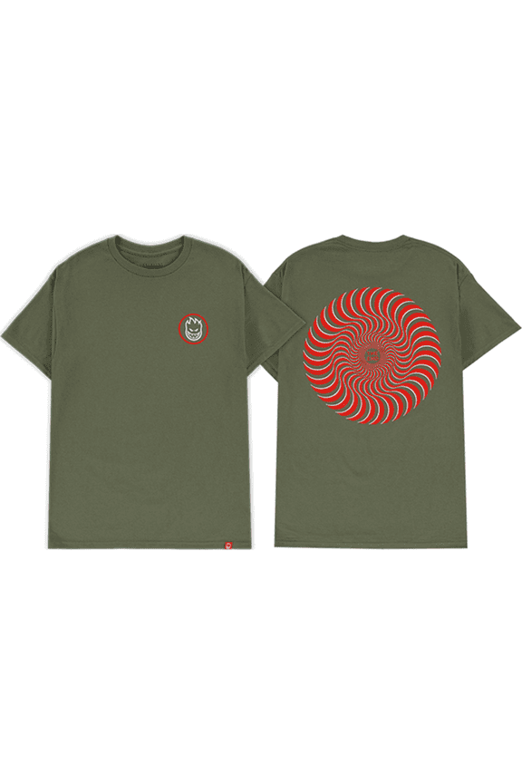 Classic Swirl Overlay Short Sleeve T-Shirt Military Green Red White, Small, Men's