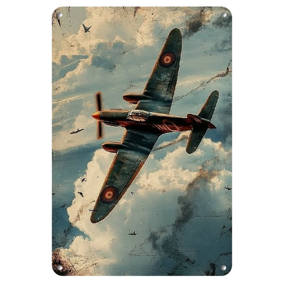 Spitfire Fighter Jet Under Clouds - 8x12" Iron Wall Art Plaque for Home, Bar, Cafe, Garden & Farmhouse Decor, Perfect for Room Decor