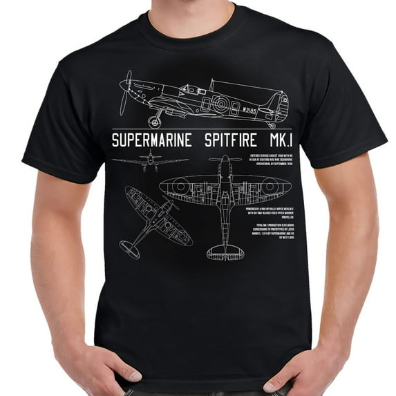 Spitfire Mk.1 Schematic Black Adult T-Shirt-5XL