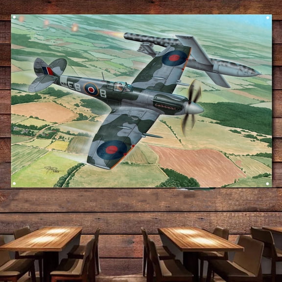 Spitfire Mk.XII contra V-1 Flying Bomb Fighter Jet Posters and Prints Wall Banner & Hanging Flag - Air Force Military Art Pictures - Collectible Art Works For Army Fans - Aviation Decor Tapestry
