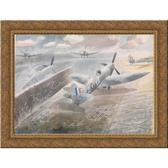 Spitfires at Sawbridgeworth, Herts 1942 24x20 Gold Ornate Wood Framed Canvas Art by Ravilious, Eric