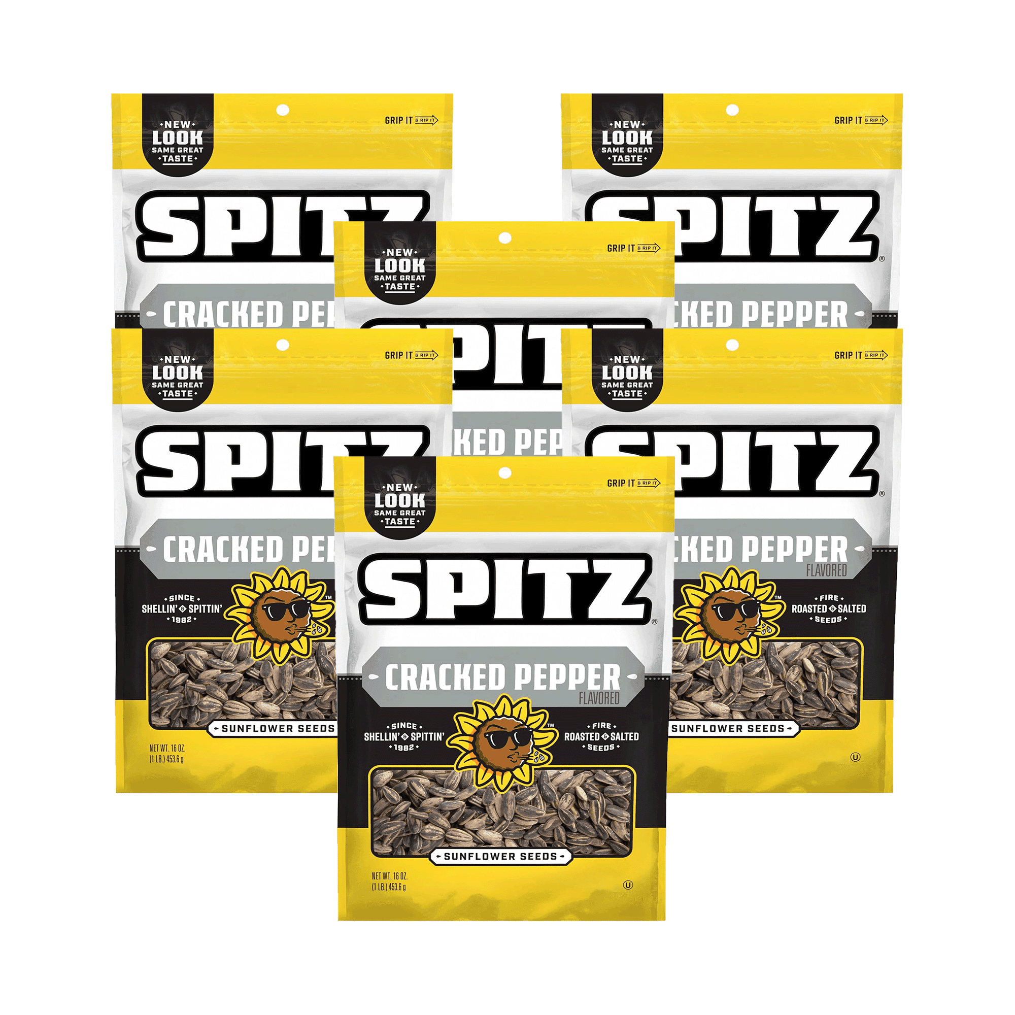 Spitz Cracked Pepper Sunflower Seeds, 16 oz (Pack of 6) Flavorful Roasted Seeds, Protein-Packed, Resealable Bulk Pack