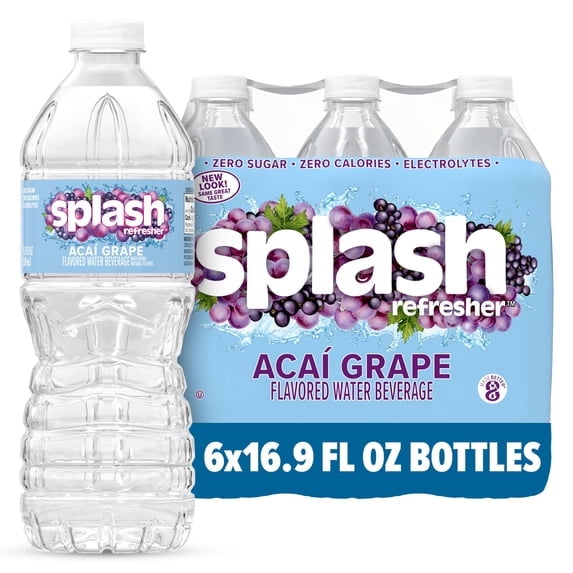 Splash Acai Grape Flavored Water, 16.9 fl oz Bottles, 6 Pack, Berry Flavored Drinking Water Beverage