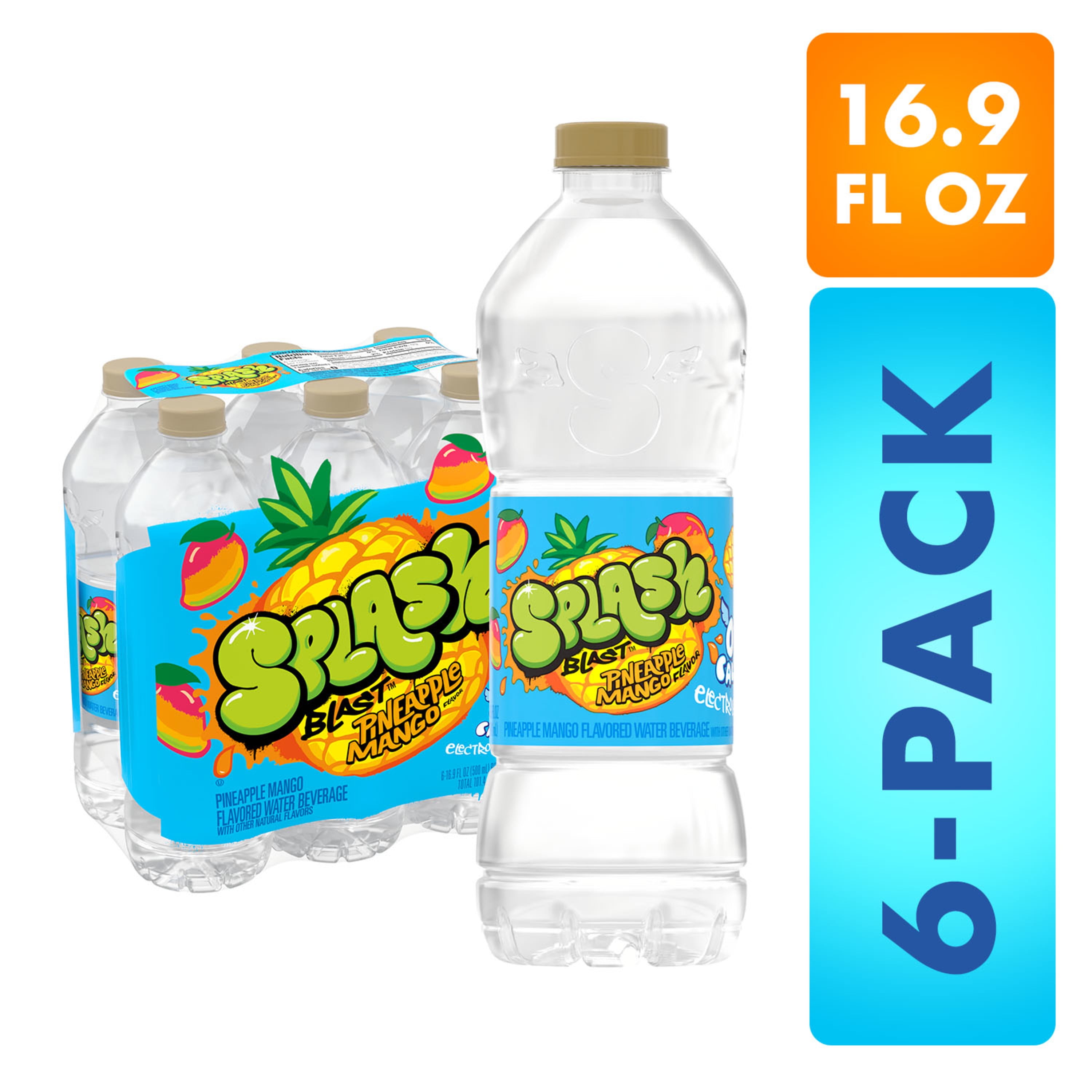 Splash Blast, Flavored Water Beverage, Pineapple Mango Flavor, 16.9 FL OZ Plastic Bottles (6 Count)
