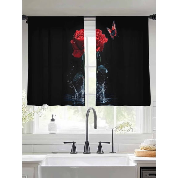Splash Drop Red Rose Butterfly on Black Chiffon Sheer Curtains 45 Inches Long Modern Abstract Art Rod Pocket Window Curtains Voile Drapes Curtains for Living Room Bedroom,2 Panels