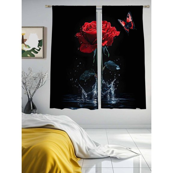 Splash Drop Red Rose Butterfly on Black Chiffon Sheer Curtains 63 Inches Long Modern Abstract Art Rod Pocket Window Curtains Voile Drapes Curtains for Living Room Bedroom,2 Panels