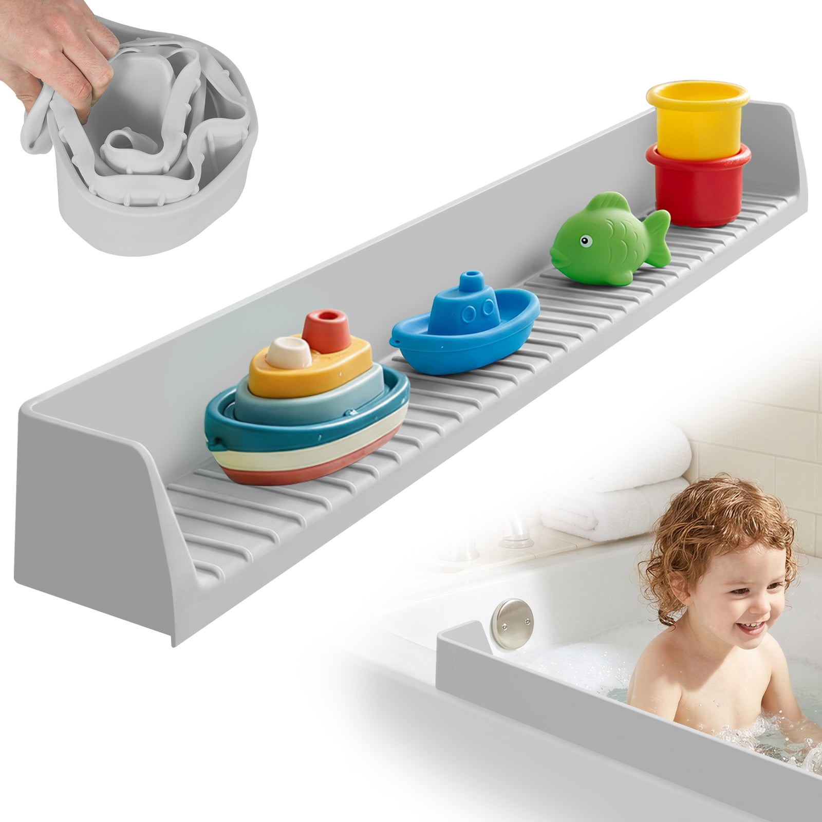 Splash Guard for Bathtub Kids Silicone Bathtub Splash Guard with Suction Cups Bath Tub Play Shelf for Kids and Toy Holder Avoid Water Spill in Bathroom Fun Bath Time for Toddler Baby, Grey