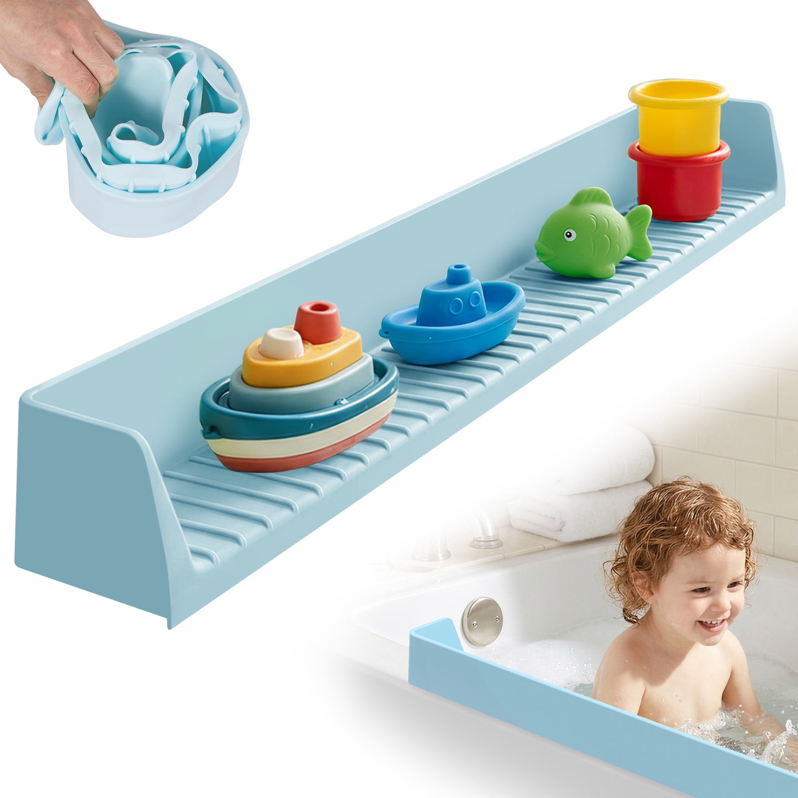 Splash Guard for Bathtub Kids Silicone Bathtub Splash Guard with Suction Cups Bath Tub Play Shelf for Kids and Toy Holder Avoid Water Spill in Bathroom Fun Bath Time for Toddler Baby, Sky Blue