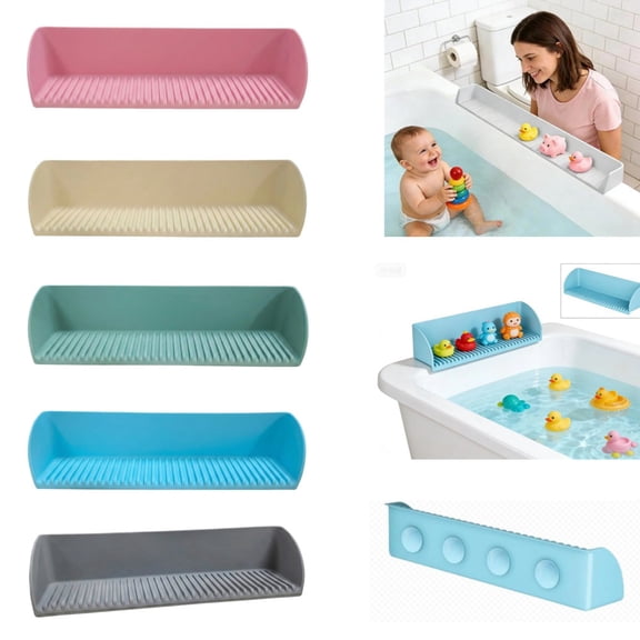 Splash Guard for Bathtub Toddlers, Silicone Anti-Spill Water Guard with Suction Cups, Bath Toy Tray & Holder Shelf, Create Safe & Enjoyable Bath Time for Little Ones,Blue