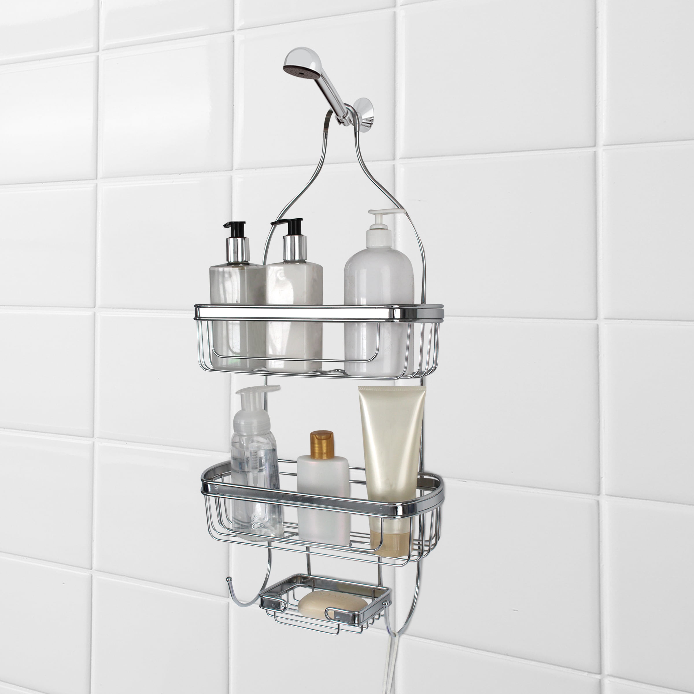The Plumber's Choice Shower Caddy Over Shower Head Basket Shelf with Hooks Hanging Sponge Shampoo Holder Organizer Stainless Steel in Chrome