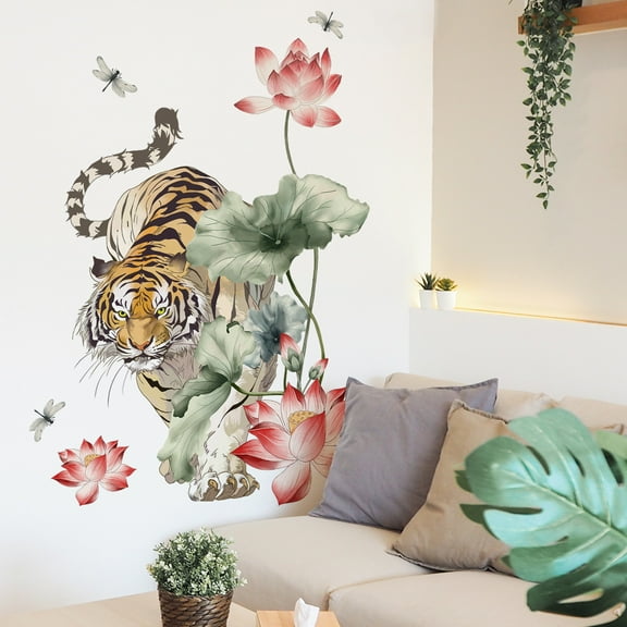 Splash Ink Landscape Painting Wall Decor Stickers, Tiger Lotus Leaf Lotus Pond Mural for Bedroom Living Room TV Home Decor