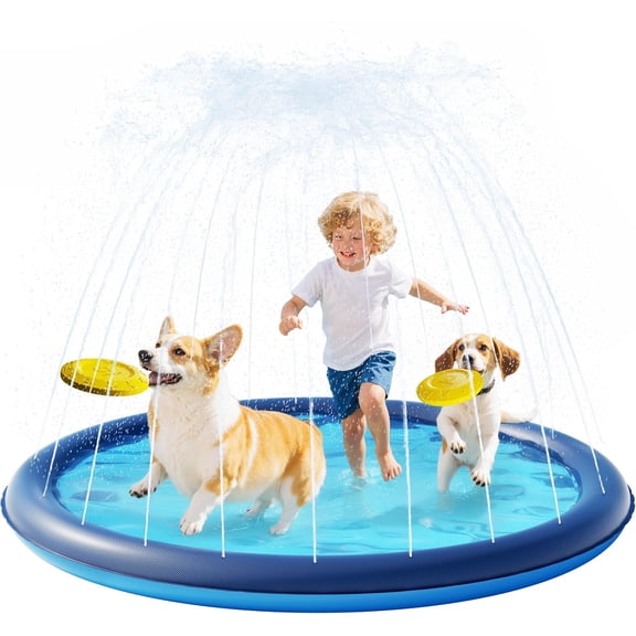 Splash Pad with Flying Disc for Dogs & Kids  67" Extra-Thick 0.52mm Non-Slip Sprinkler Pool, Leakproof Water Play Mat for Toddlers, Babies, Pets, Outdoor Summer Toy