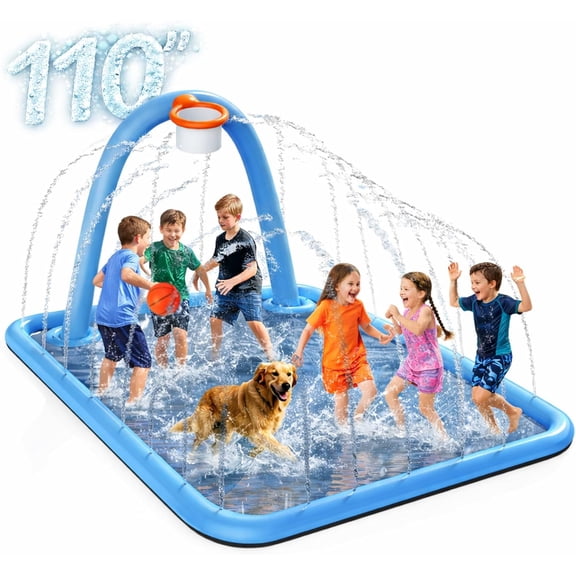 Splash Pad for Kids & Dogs, 110'' Large Sprinkler Pad Water Toys with Basketball Hoop, Thickened Non-Slip Splash Mat, Foldable Play Pool & Outdoor Summer Toys Ages 4-12 (110" Splash Pad)