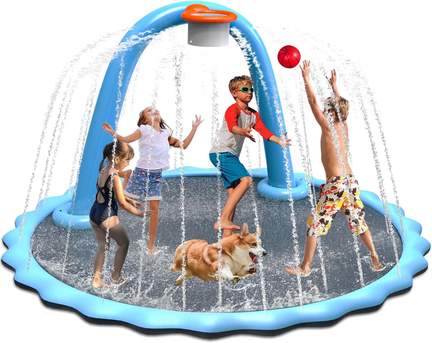 Splash Pad, Non-Slip Sprinkler Mat with Basketball Hoop and Arch for ...