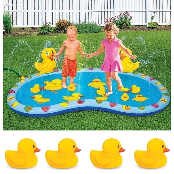 Splash Pad, Sprinkler for Kids and Wading Pool, Shallow Inflatable Water Splash Pool with 4 Squeaking Ducks