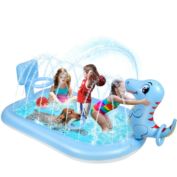 Splash Pad Sprinkler For Kids 3 In 1 Inflatable Kiddie Pool Play Center Including Basketball Game And Ring Toss Game Dinosaur Design Summer Outdoor Water Toys For Toddlers Boys Girls Children